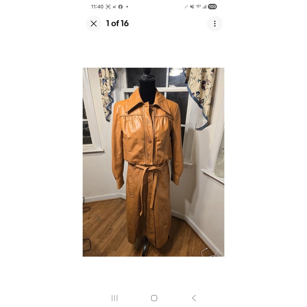 Vintage Tan Leather Trench Coat Womens Long‎ Belted Button Up Classic Style Sz 8